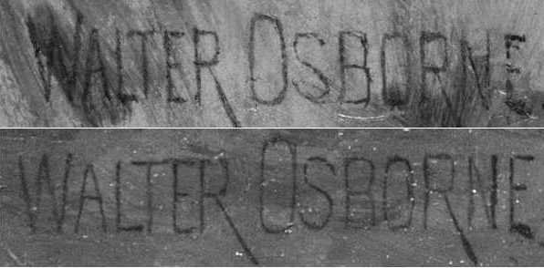 Photographic comparison of forged Osborned signature.